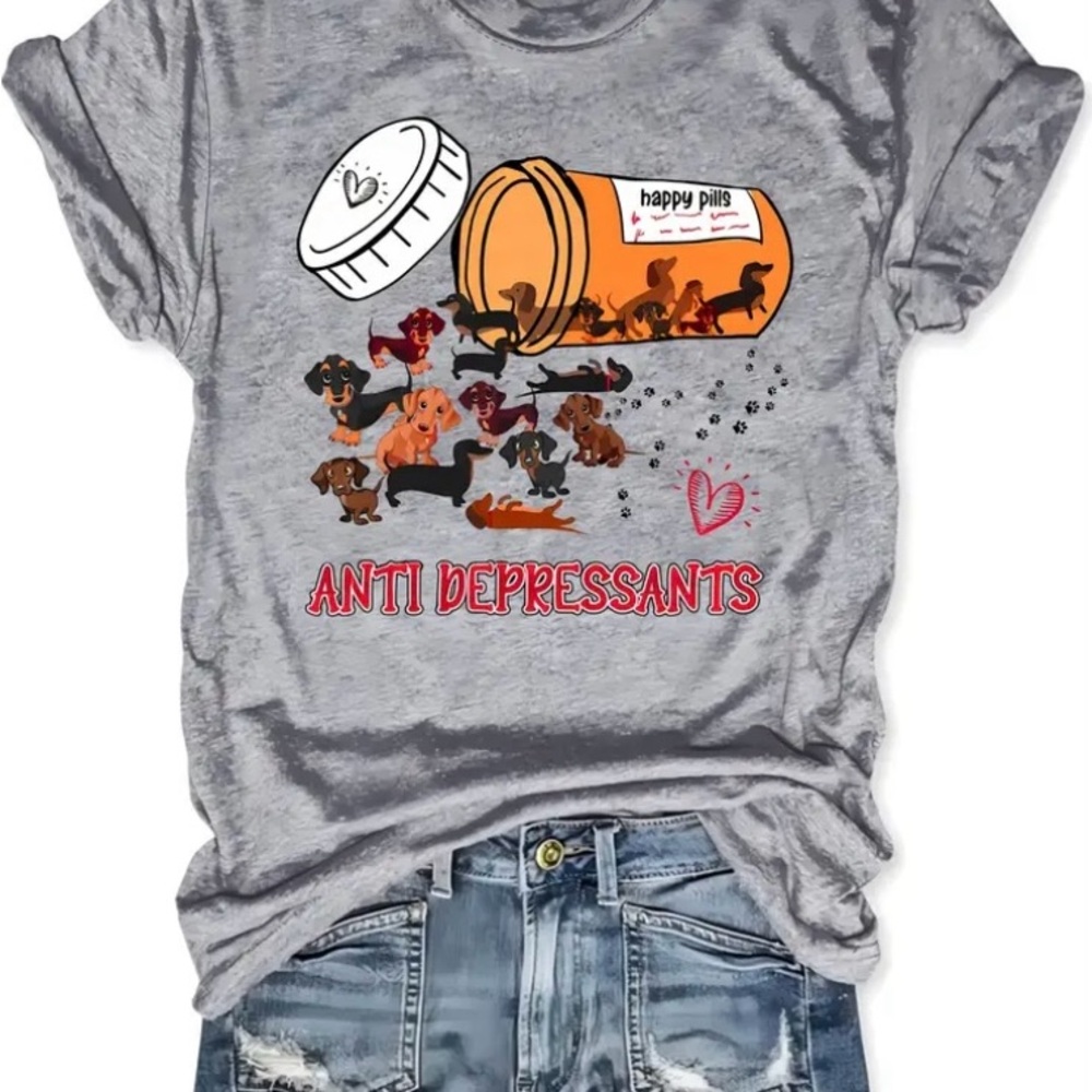 {NEW} Women's Dachshund Happy Pill Pattern T-Shirt M
